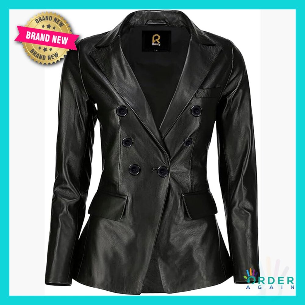 Genuine Leather Blazer Jacket Double-Breasted Tailored Elegant Chic Coat